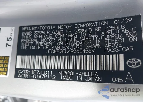 2009 Toyota Prius z USA, uszkodzony, nr VIN JTDKB20U493524569